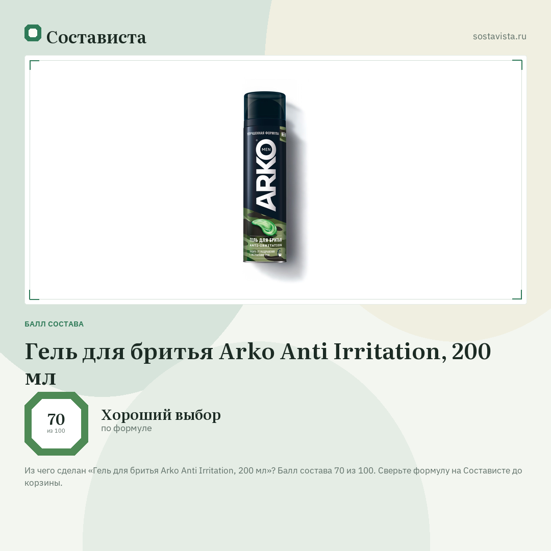 Гель для бритья Arko Anti Irritation, 200 мл: балл состава 70 из 100 — Состависта