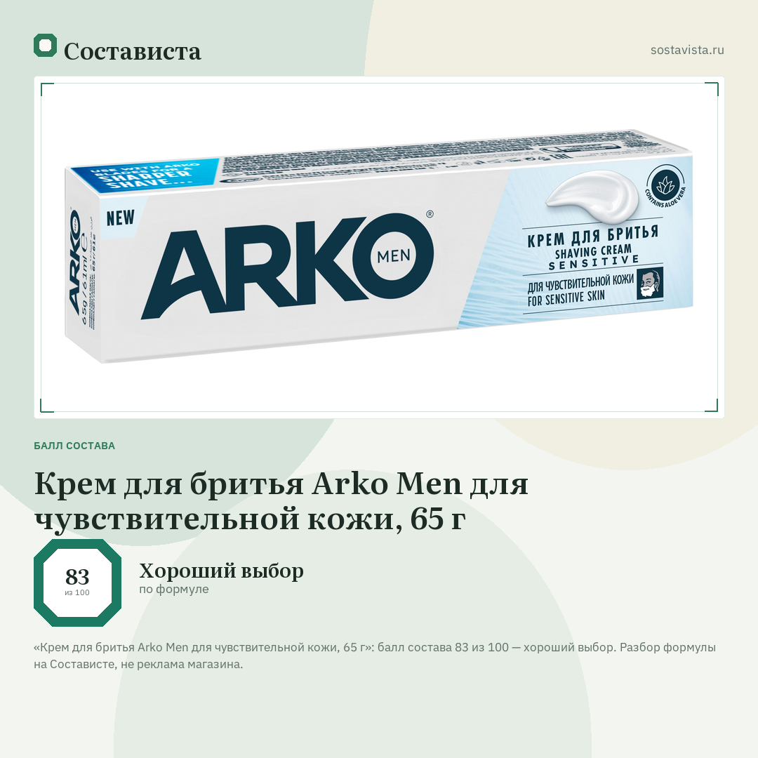 Крем для бритья Arko Men для чувствительной кожи, 65 г: балл состава 83 из 100 — Состависта