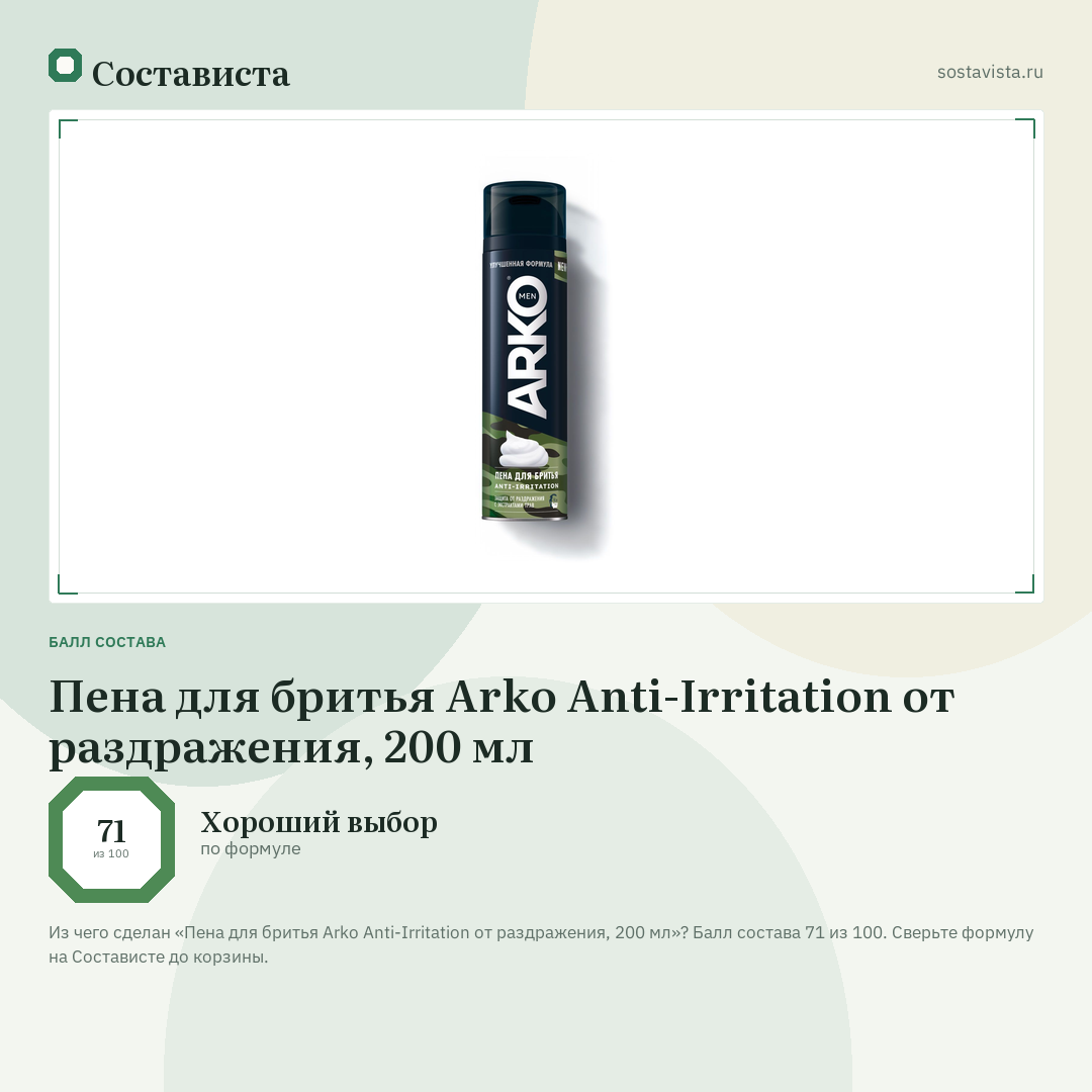 Пена для бритья Arko Anti-Irritation от раздражения, 200 мл: балл состава 71 из 100 — Состависта