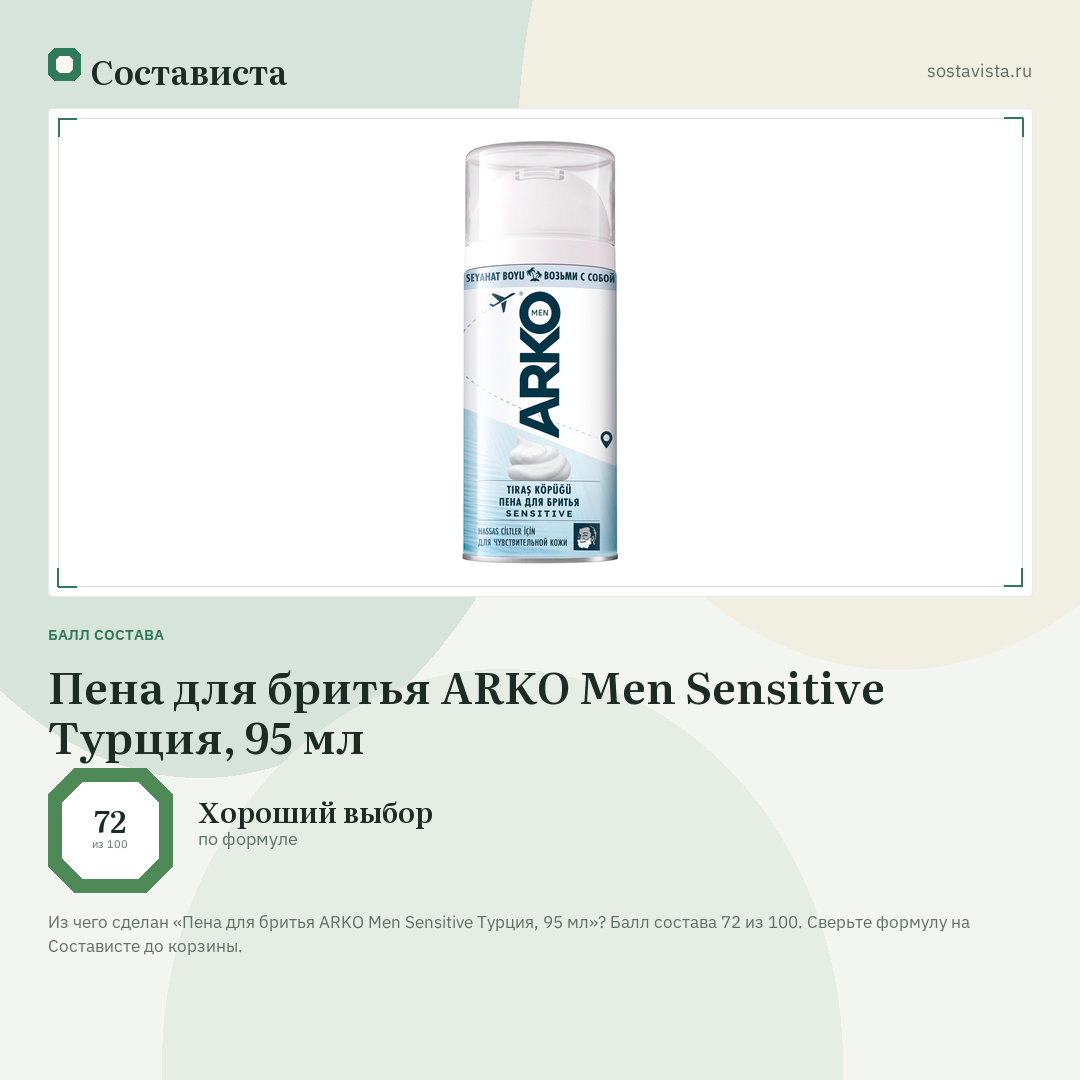 Пена для бритья ARKO Men Sensitive Турция, 95 мл: балл состава 72 из 100 — Состависта