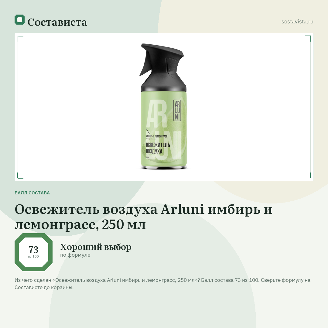 Оcвежитель воздуха Arluni имбирь и лемонграсс, 250 мл: балл состава 73 из 100 — Состависта