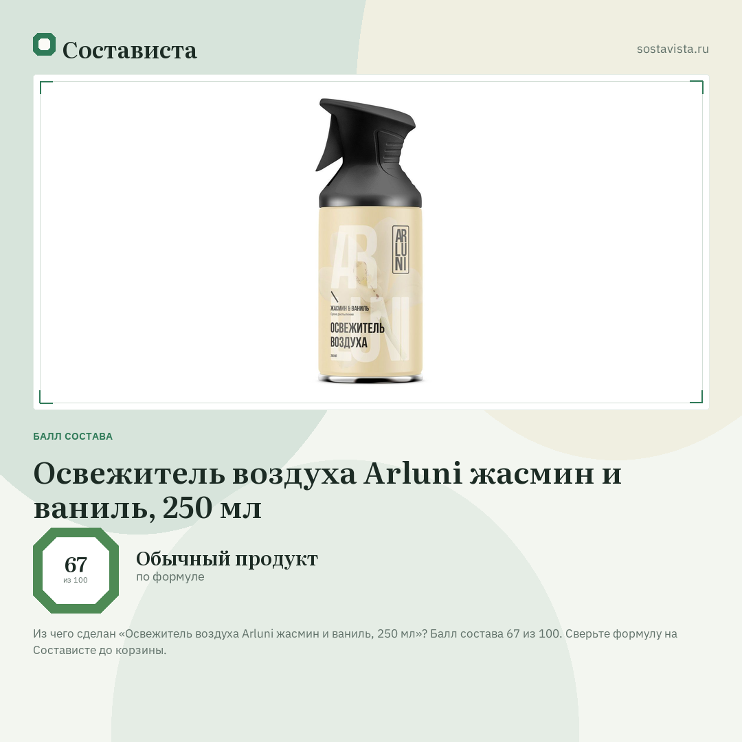 Оcвежитель воздуха Arluni жасмин и ваниль, 250 мл: балл состава 67 из 100 — Состависта