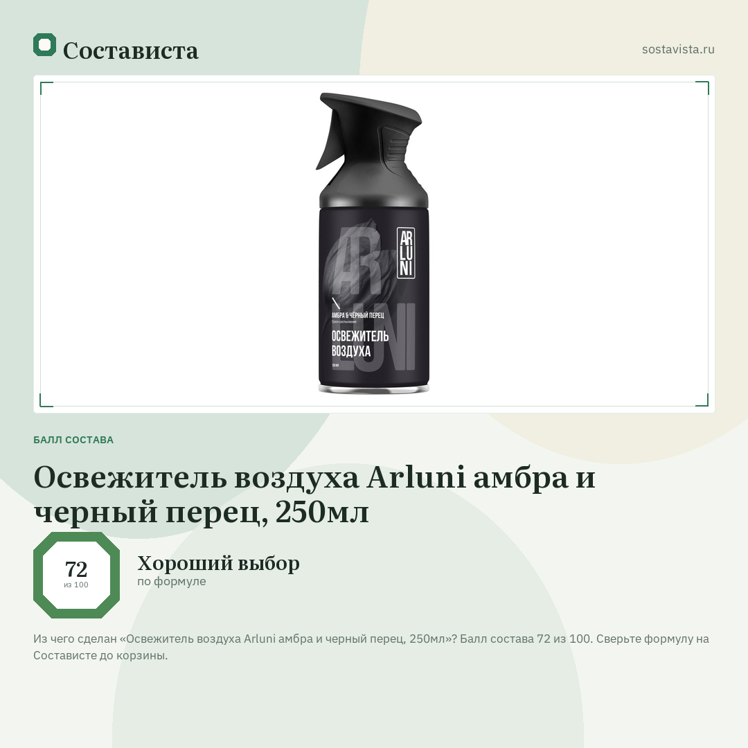 Освежитель воздуха Arluni амбра и черный перец, 250мл: балл состава 72 из 100 — Состависта