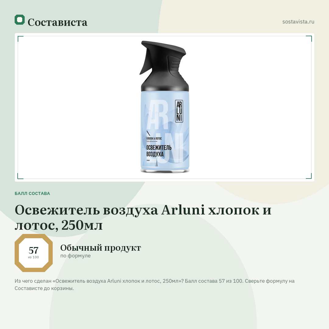 Освежитель воздуха Arluni хлопок и лотос, 250мл: балл состава 57 из 100 — Состависта