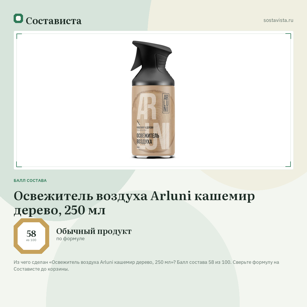 Освежитель воздуха Arluni кашемир дерево, 250 мл: балл состава 58 из 100 — Состависта