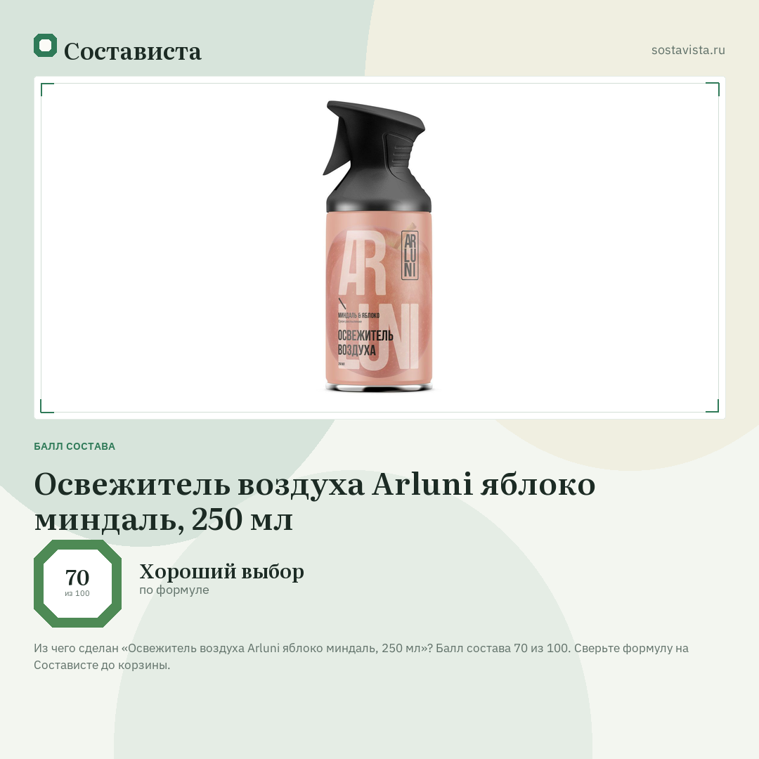 Освежитель воздуха Arluni яблоко миндаль, 250 мл: балл состава 70 из 100 — Состависта