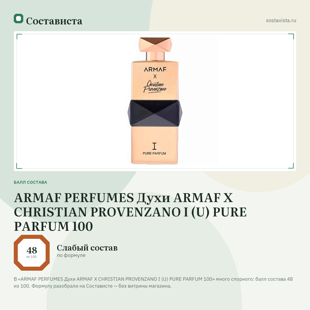 ARMAF PERFUMES Духи ARMAF X CHRISTIAN PROVENZANO I (U) PURE PARFUM 100: балл состава 48 из 100 — Состависта