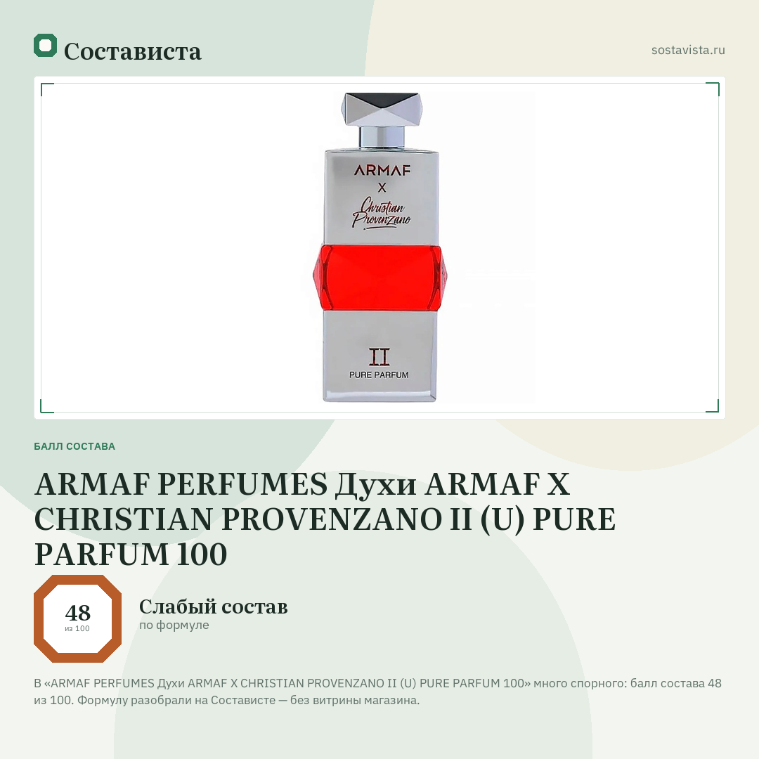 ARMAF PERFUMES Духи ARMAF X CHRISTIAN PROVENZANO II (U) PURE PARFUM 100: балл состава 48 из 100 — Состависта