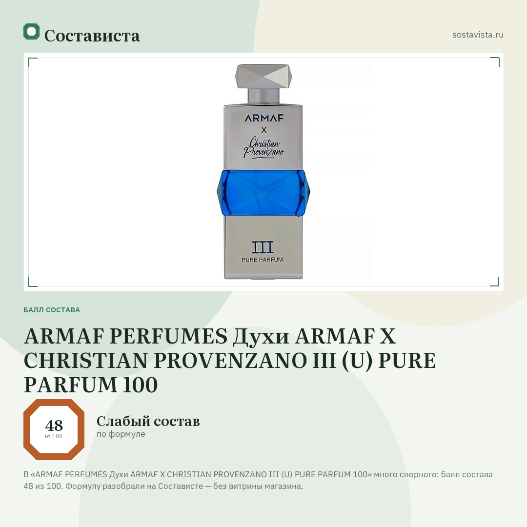 ARMAF PERFUMES Духи ARMAF X CHRISTIAN PROVENZANO III (U) PURE PARFUM 100: балл состава 48 из 100 — Состависта