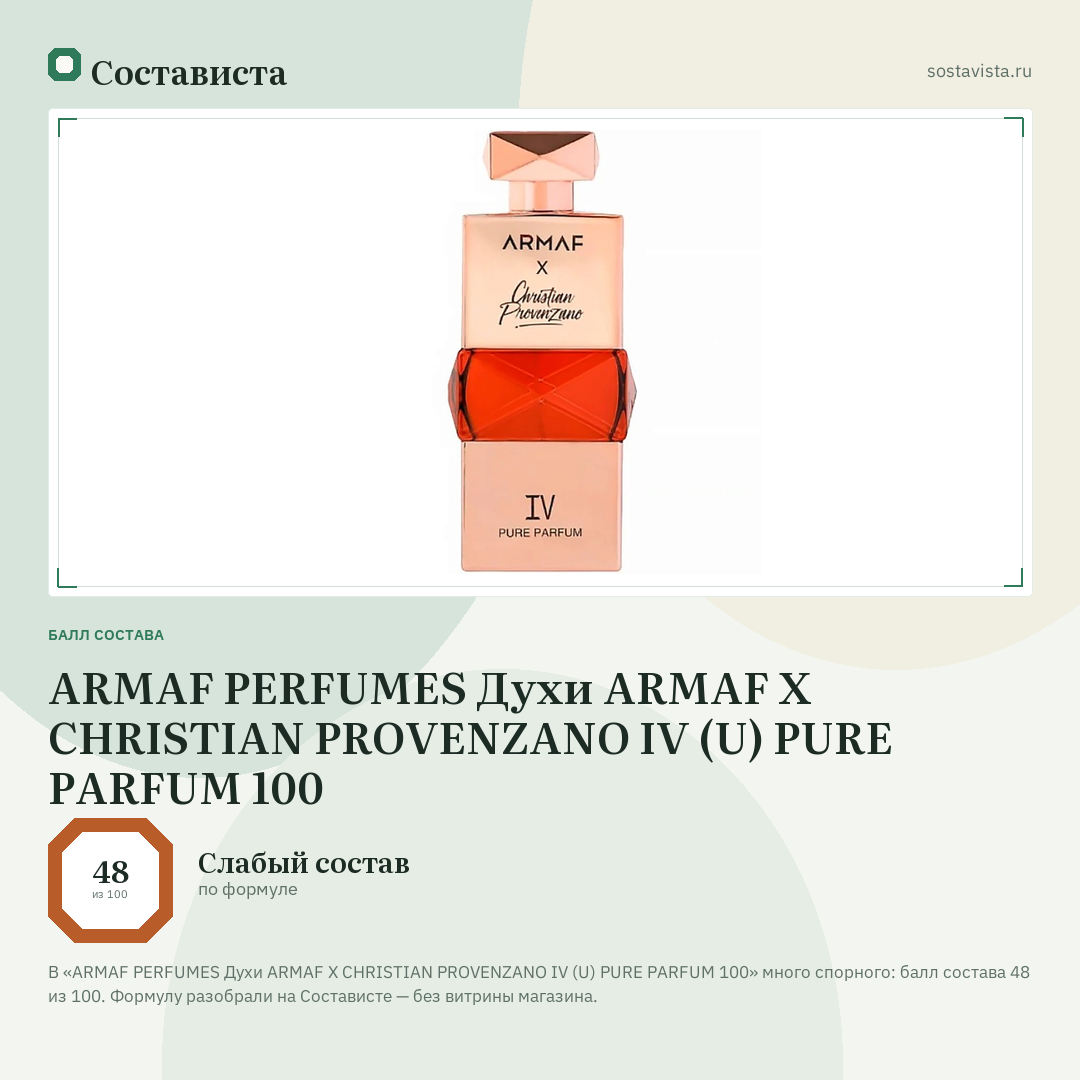 ARMAF PERFUMES Духи ARMAF X CHRISTIAN PROVENZANO IV (U) PURE PARFUM 100: балл состава 48 из 100 — Состависта