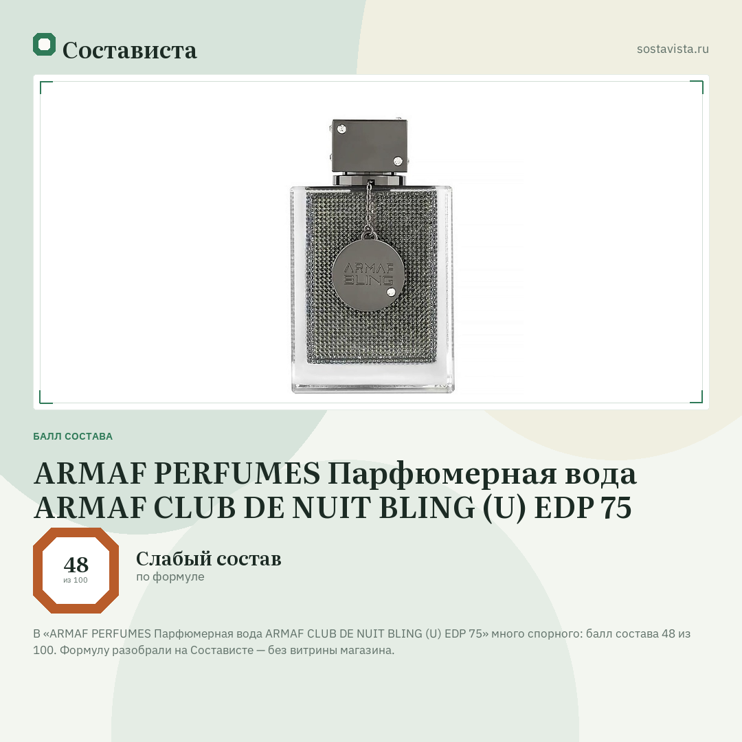 ARMAF PERFUMES Парфюмерная вода ARMAF CLUB DE NUIT BLING (U) EDP 75: балл состава 48 из 100 — Состависта