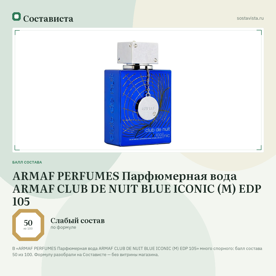 ARMAF PERFUMES Парфюмерная вода ARMAF CLUB DE NUIT BLUE ICONIC (M) EDP 105: балл состава 50 из 100 — Состависта