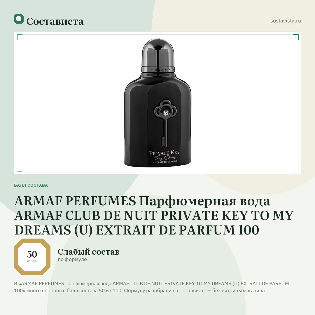 ARMAF PERFUMES Парфюмерная вода ARMAF CLUB DE NUIT PRIVATE KEY TO MY DREAMS (U) EXTRAIT DE PARFUM 100: балл состава 50 из 100 — Состависта