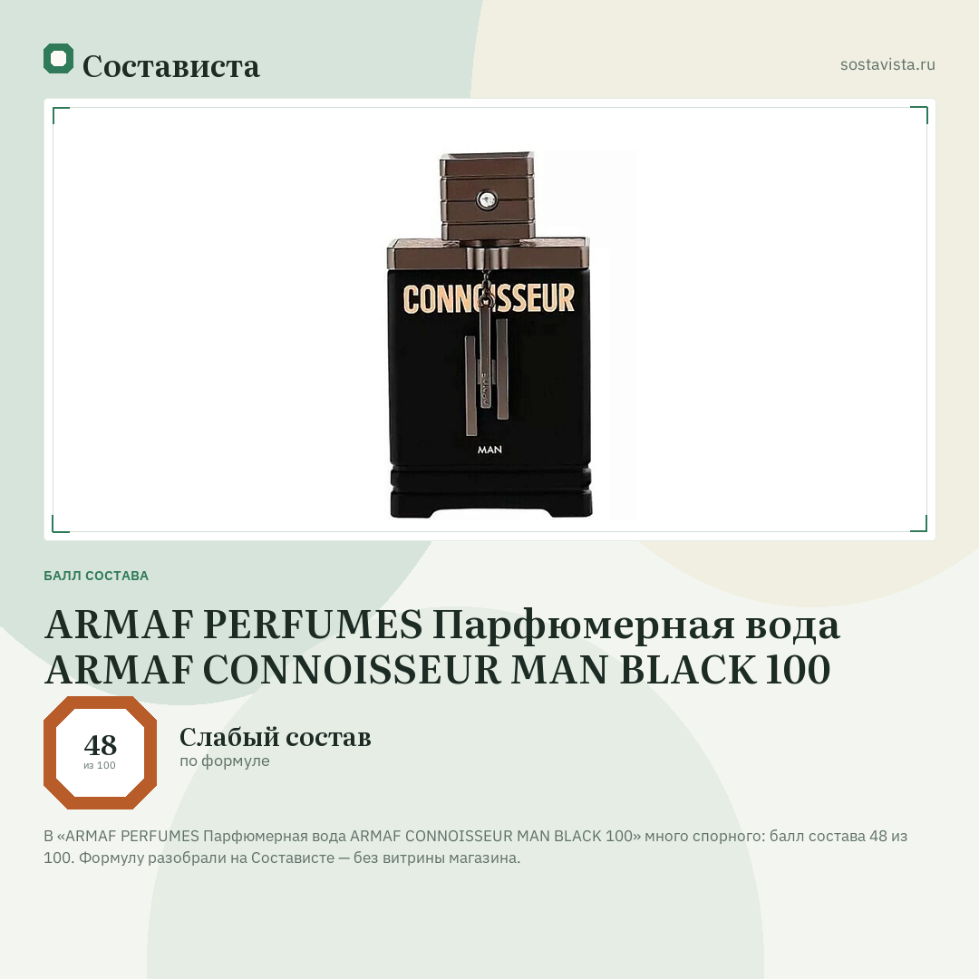 ARMAF PERFUMES Парфюмерная вода ARMAF CONNOISSEUR MAN BLACK 100: балл состава 48 из 100 — Состависта