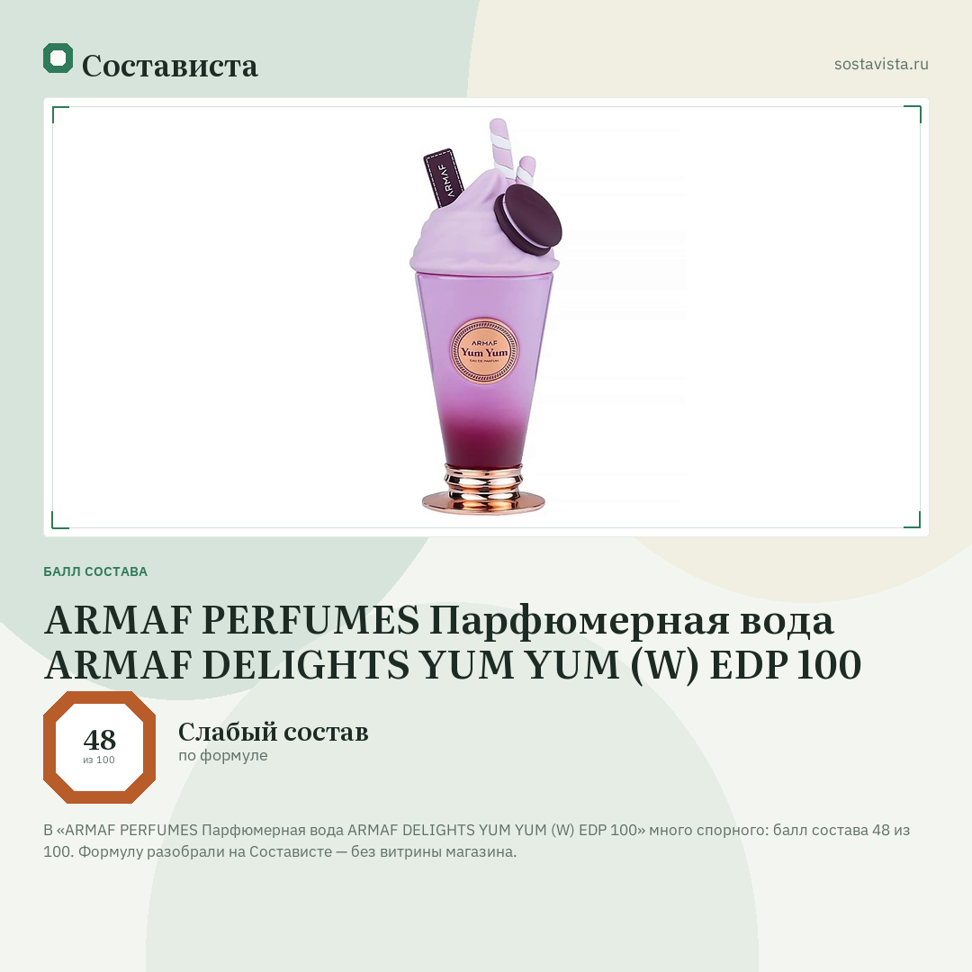 ARMAF PERFUMES Парфюмерная вода ARMAF DELIGHTS YUM YUM (W) EDP 100: балл состава 48 из 100 — Состависта