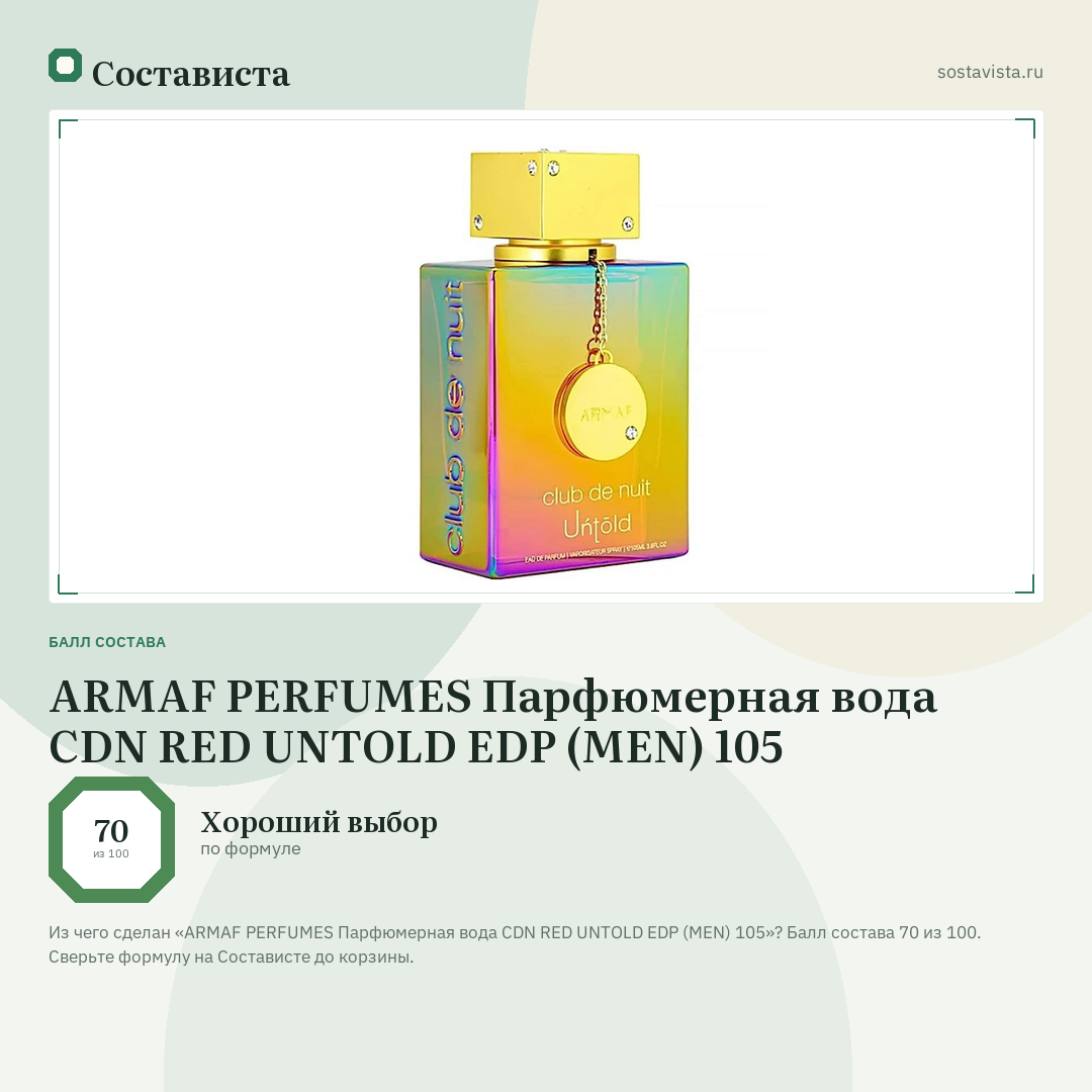 ARMAF PERFUMES Парфюмерная вода CDN RED UNTOLD EDP (MEN) 105: балл состава 70 из 100 — Состависта