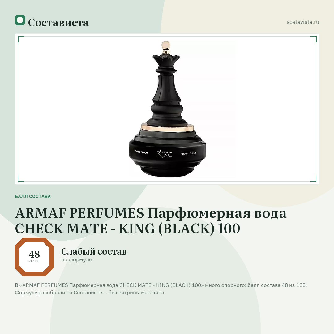 ARMAF PERFUMES Парфюмерная вода CHECK MATE - KING (BLACK) 100: балл состава 48 из 100 — Состависта