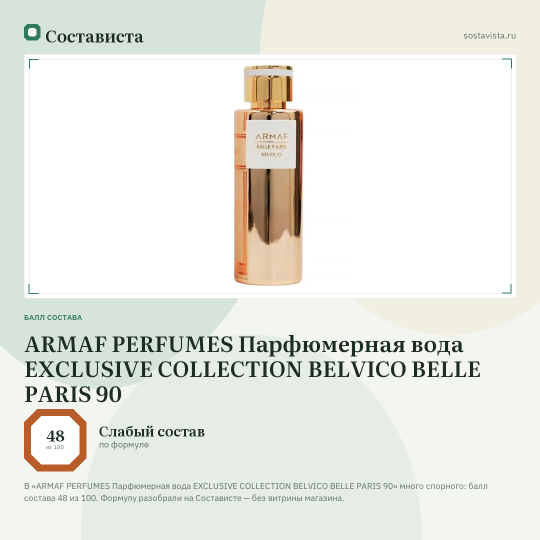 ARMAF PERFUMES Парфюмерная вода EXCLUSIVE COLLECTION BELVICO BELLE PARIS 90: балл состава 48 из 100 — Состависта