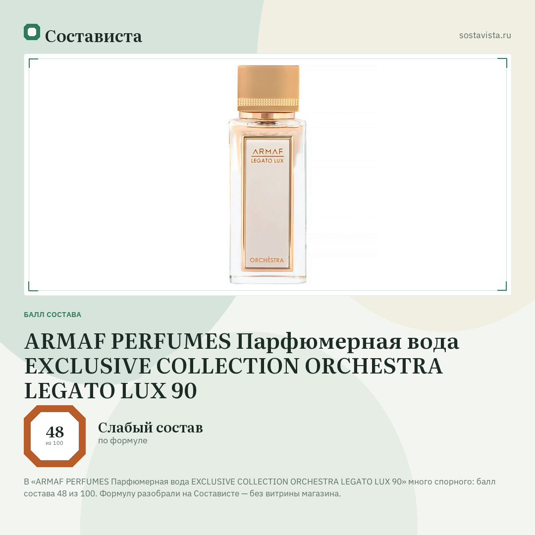 ARMAF PERFUMES Парфюмерная вода EXCLUSIVE COLLECTION ORCHESTRA LEGATO LUX 90: балл состава 48 из 100 — Состависта