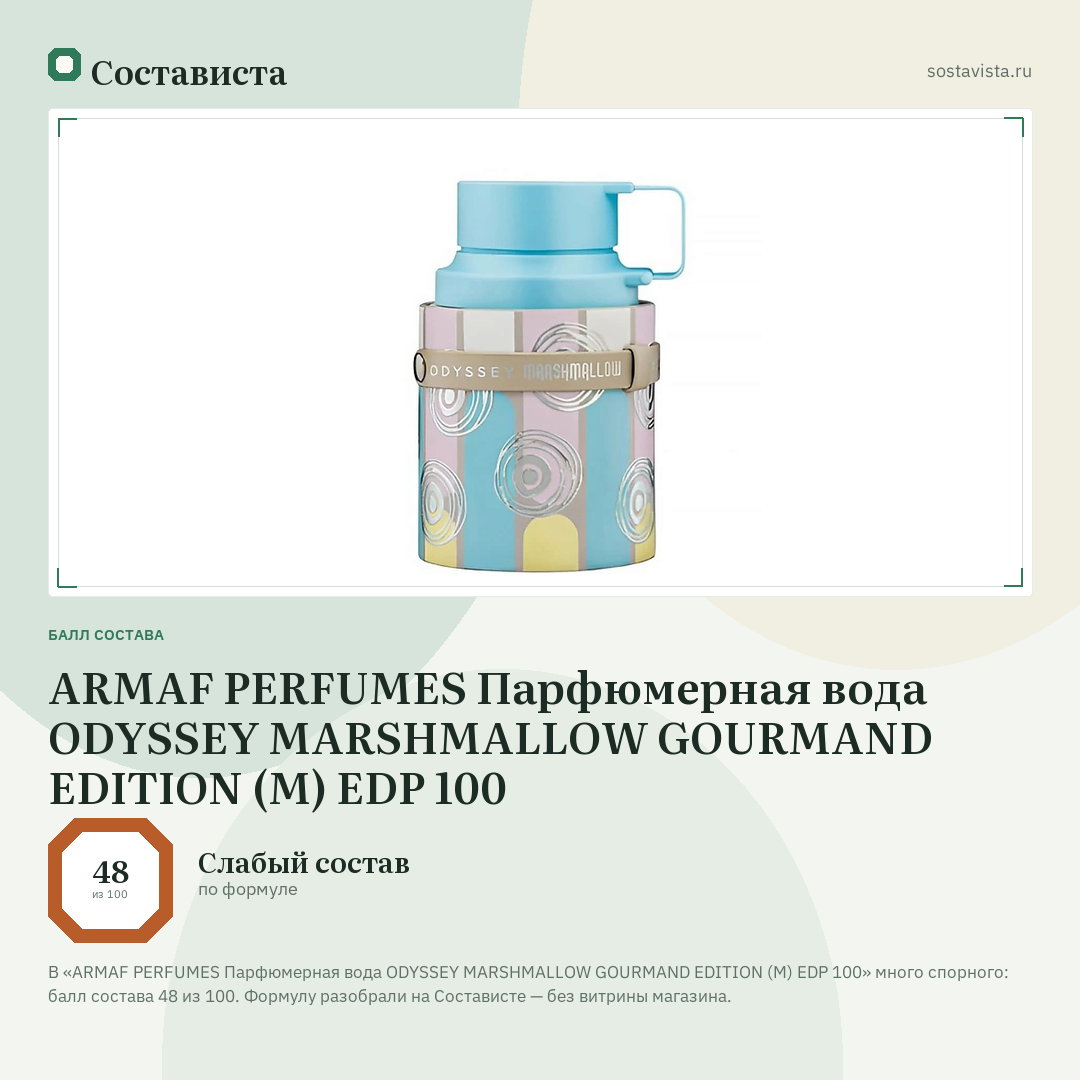 ARMAF PERFUMES Парфюмерная вода ODYSSEY MARSHMALLOW GOURMAND EDITION (M) EDP 100: балл состава 48 из 100 — Состависта