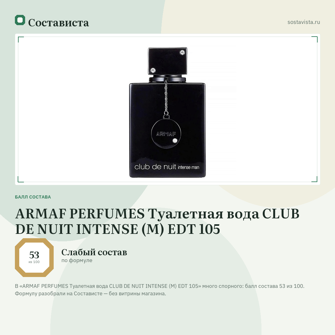 ARMAF PERFUMES Туалетная вода CLUB DE NUIT INTENSE (M) EDT 105: балл состава 53 из 100 — Состависта