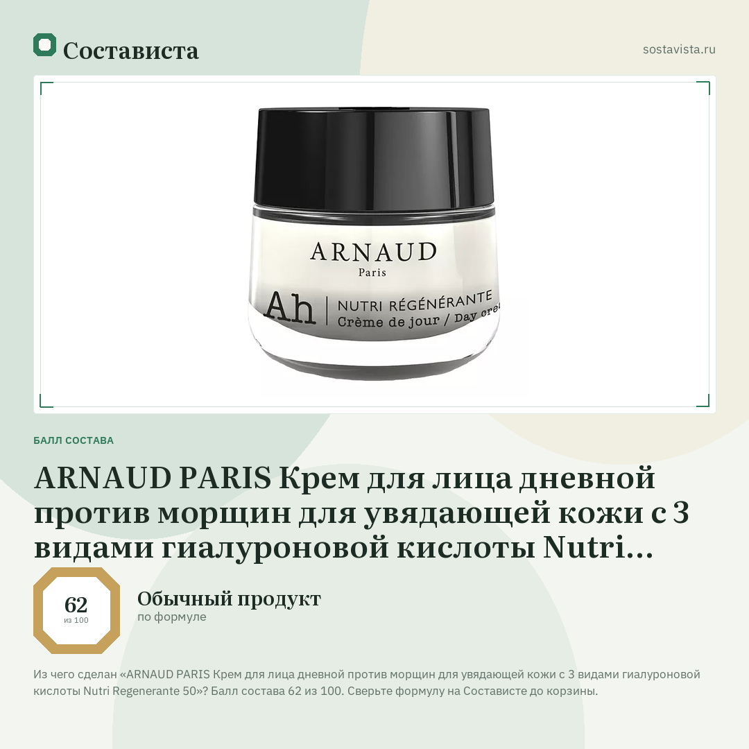 ARNAUD PARIS Крем для лица дневной против морщин для увядающей кожи с 3 видами гиалуроновой кислоты Nutri Regenerante 50: балл состава 62 из 100 — Состависта