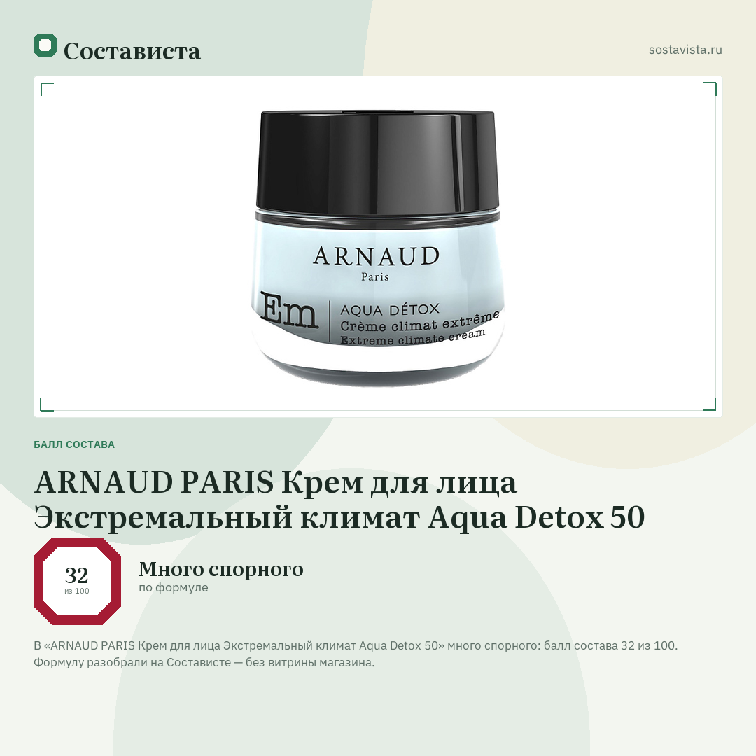 ARNAUD PARIS Крем для лица Экстремальный климат Aqua Detox 50: балл состава 32 из 100 — Состависта