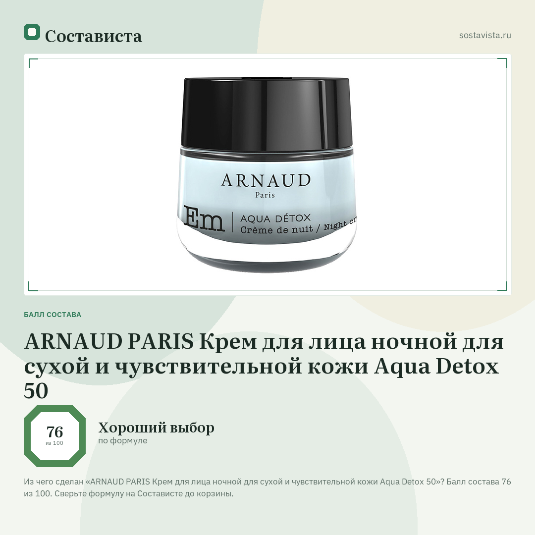 ARNAUD PARIS Крем для лица ночной для сухой и чувствительной кожи Aqua Detox 50: балл состава 76 из 100 — Состависта