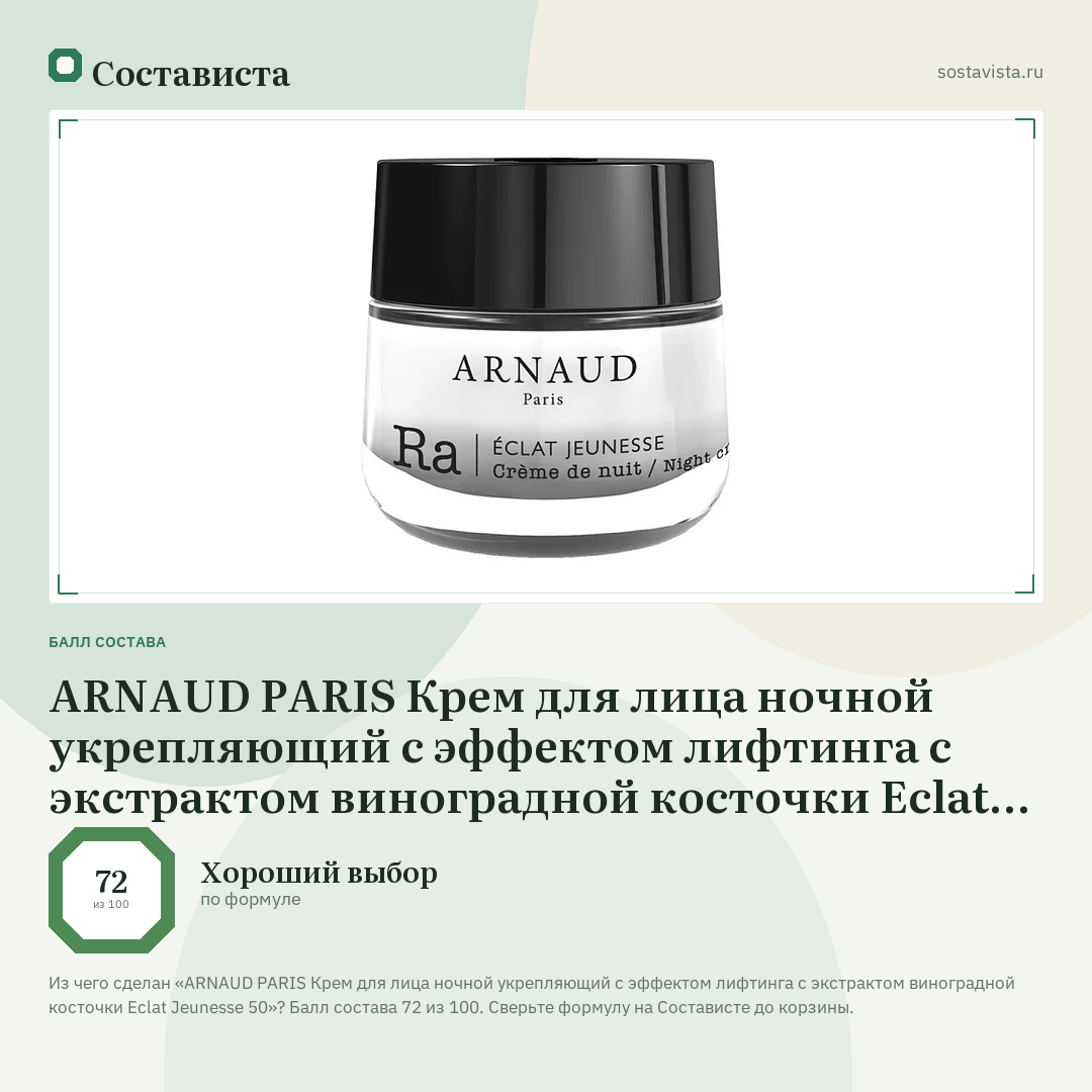 ARNAUD PARIS Крем для лица ночной укрепляющий с эффектом лифтинга с экстрактом виноградной косточки Eclat Jeunesse 50: балл состава 72 из 100 — Состависта