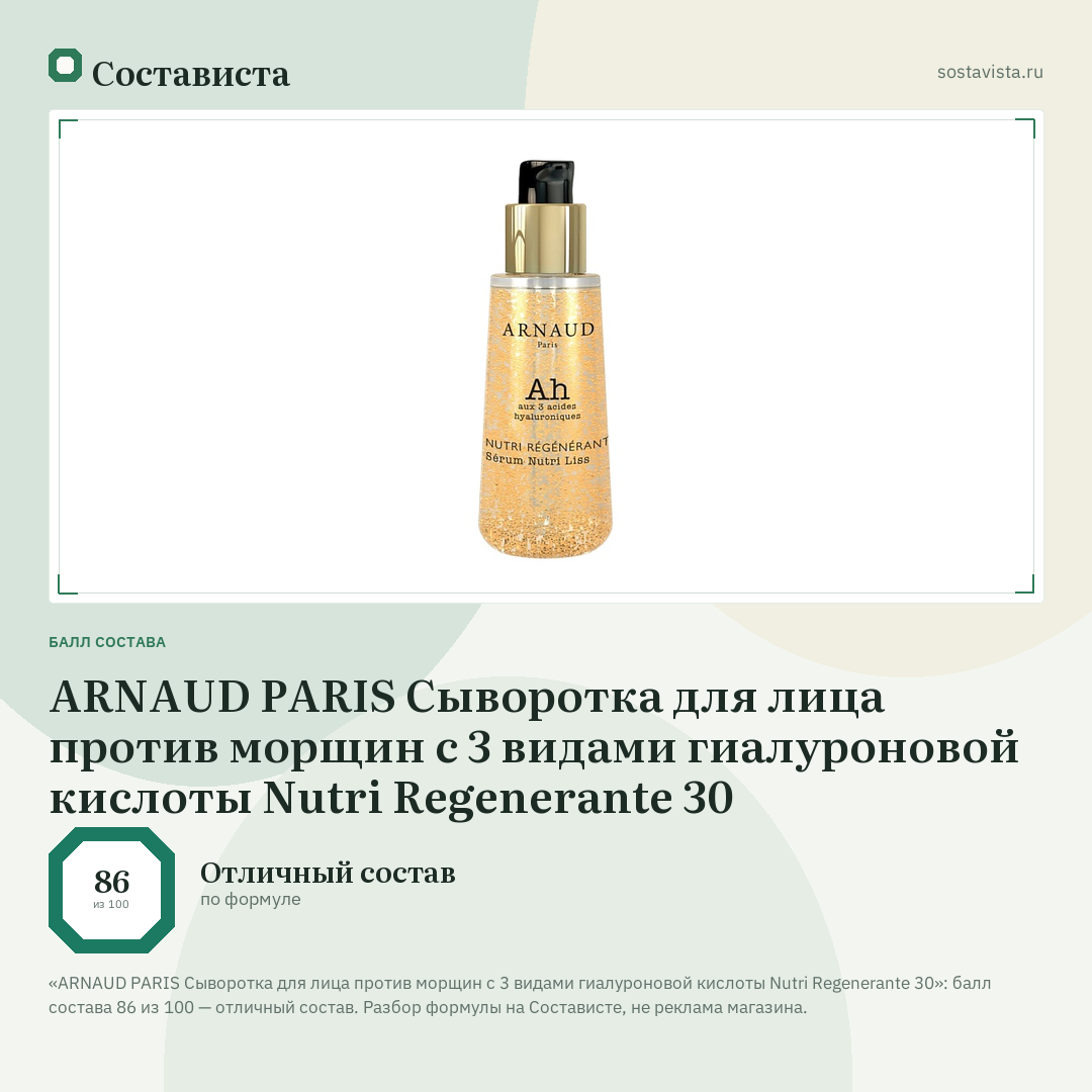 ARNAUD PARIS Сыворотка для лица против морщин с 3 видами гиалуроновой кислоты Nutri Regenerante 30: балл состава 86 из 100 — Состависта