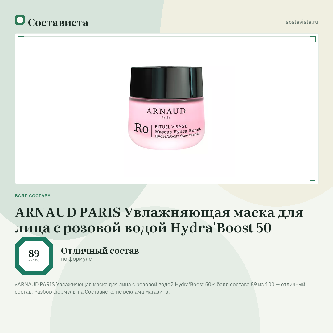 ARNAUD PARIS Увлажняющая маска для лица с розовой водой Hydra'Boost 50: балл состава 89 из 100 — Состависта