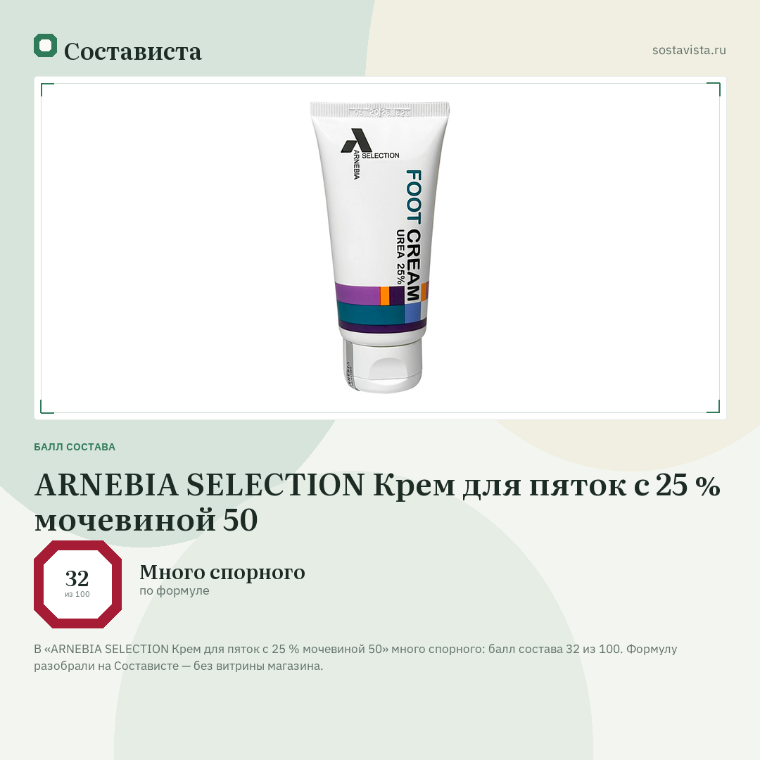 ARNEBIA SELECTION Крем для пяток с 25 % мочевиной 50: балл состава 32 из 100 — Состависта