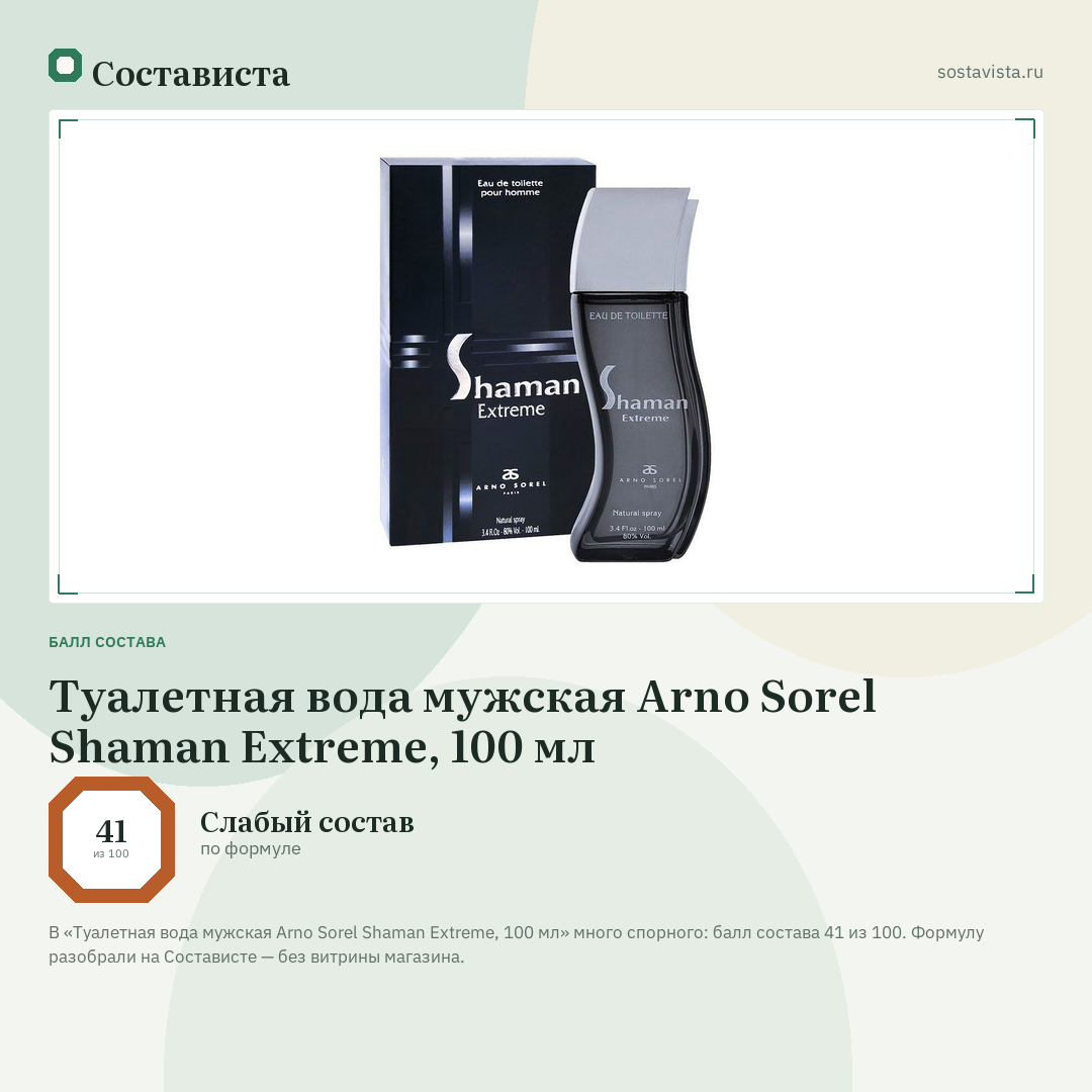 Туалетная вода мужская Arno Sorel Shaman Extreme, 100 мл: балл состава 41 из 100 — Состависта