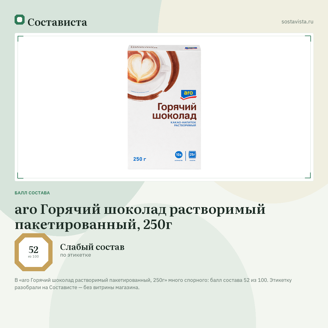 aro Горячий шоколад растворимый пакетированный, 250г: балл состава 52 из 100 — Состависта