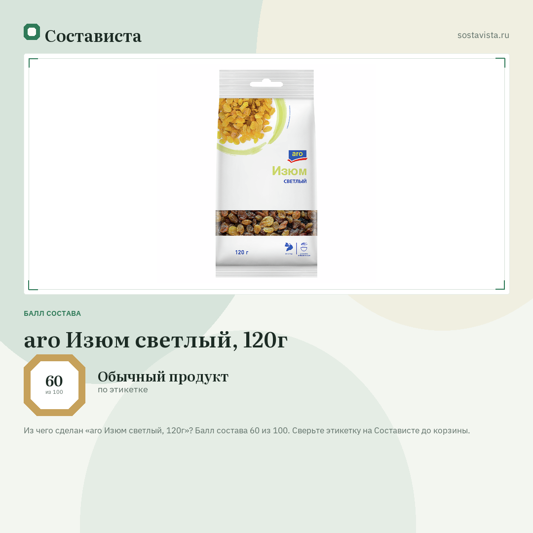 aro Изюм светлый, 120г: балл состава 60 из 100 — Состависта