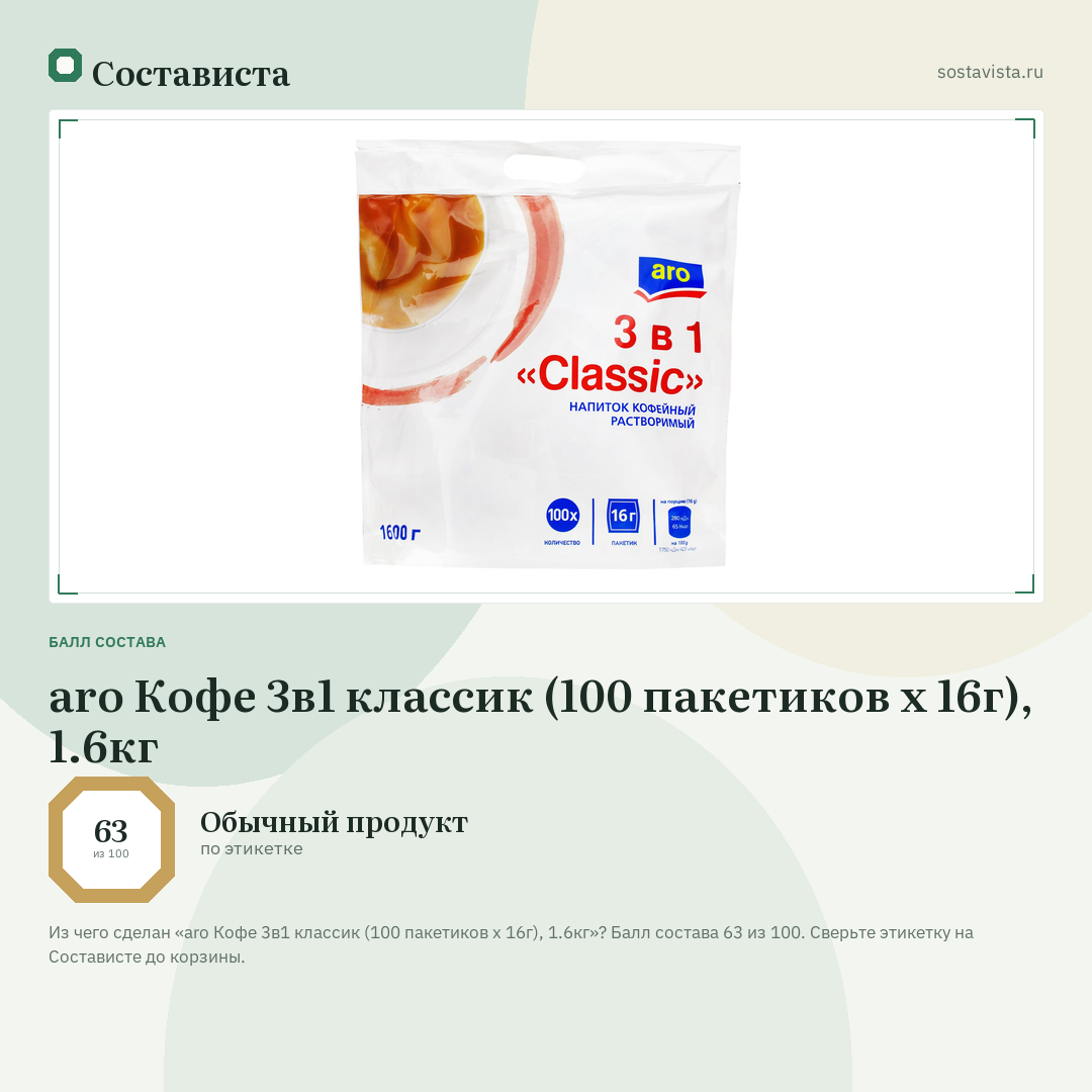 aro Кофе 3в1 классик (100 пакетиков x 16г), 1.6кг: балл состава 63 из 100 — Состависта