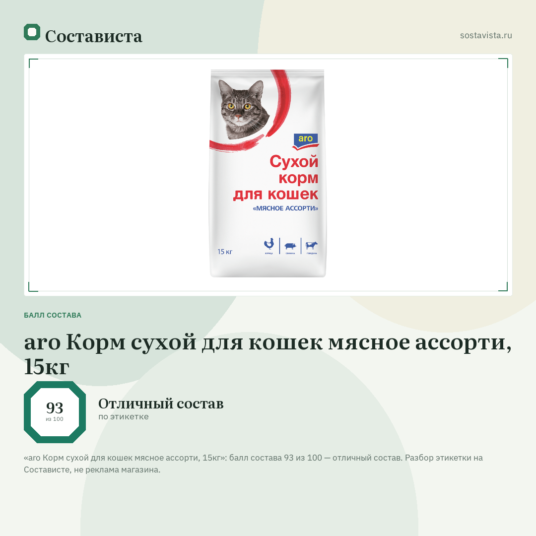 aro Корм сухой для кошек мясное ассорти, 15кг: балл состава 93 из 100 — Состависта