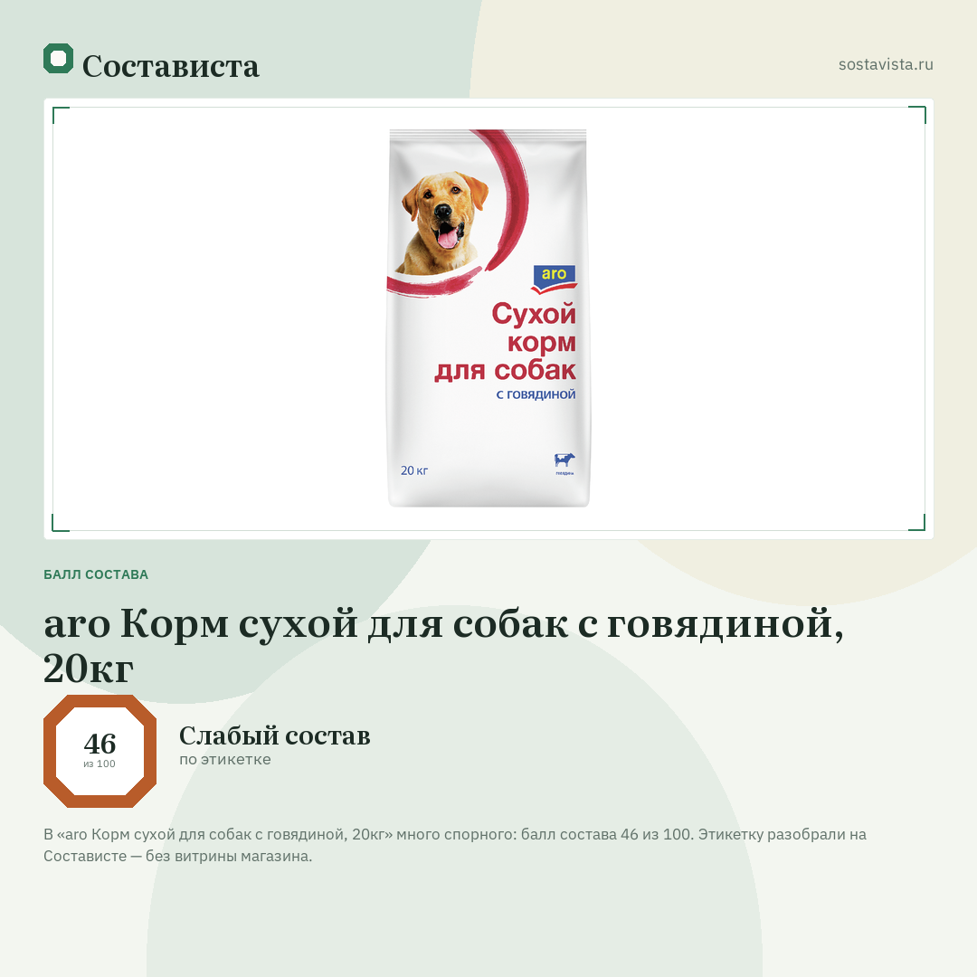 aro Корм сухой для собак с говядиной, 20кг: балл состава 46 из 100 — Состависта