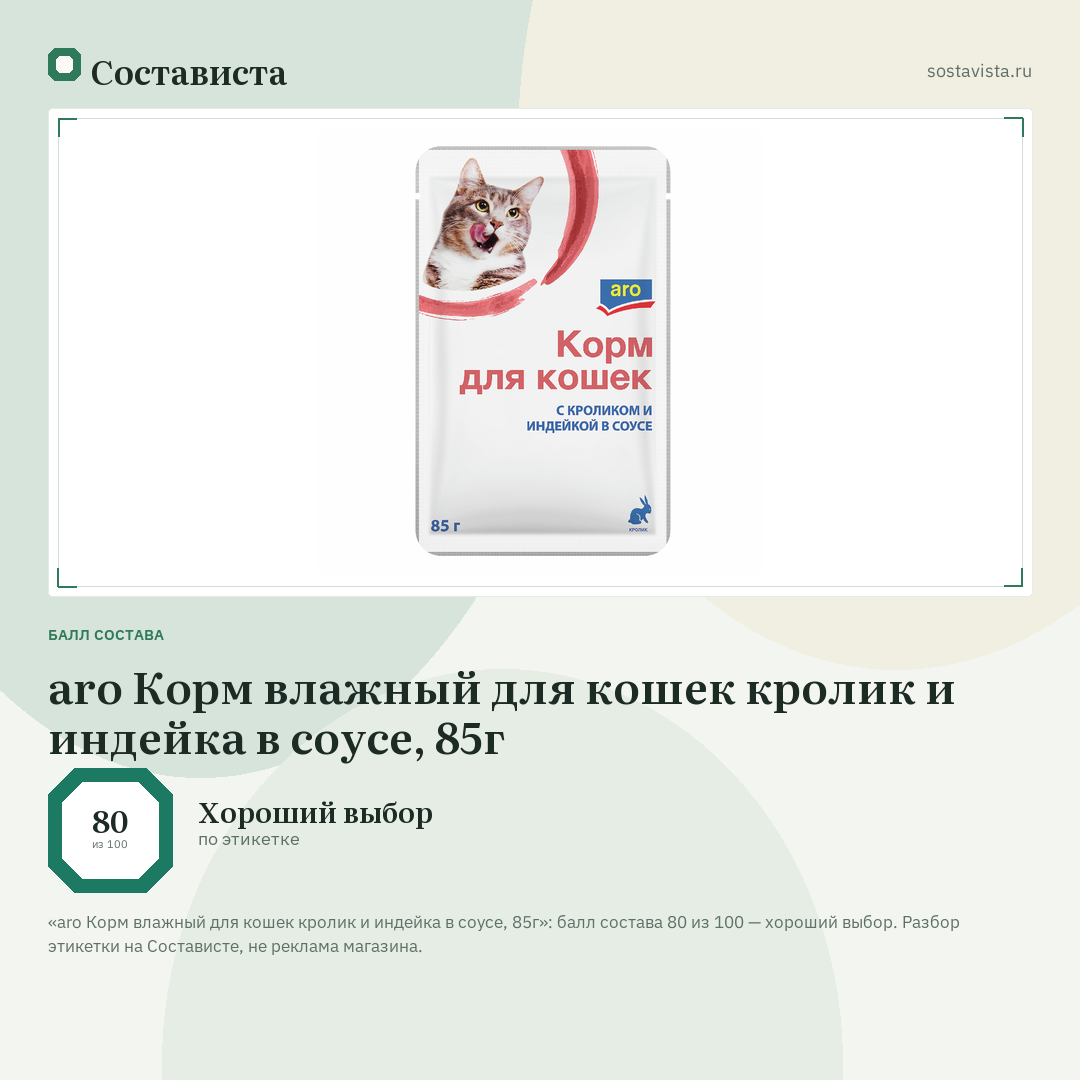 aro Корм влажный для кошек кролик и индейка в соусе, 85г: балл состава 80 из 100 — Состависта