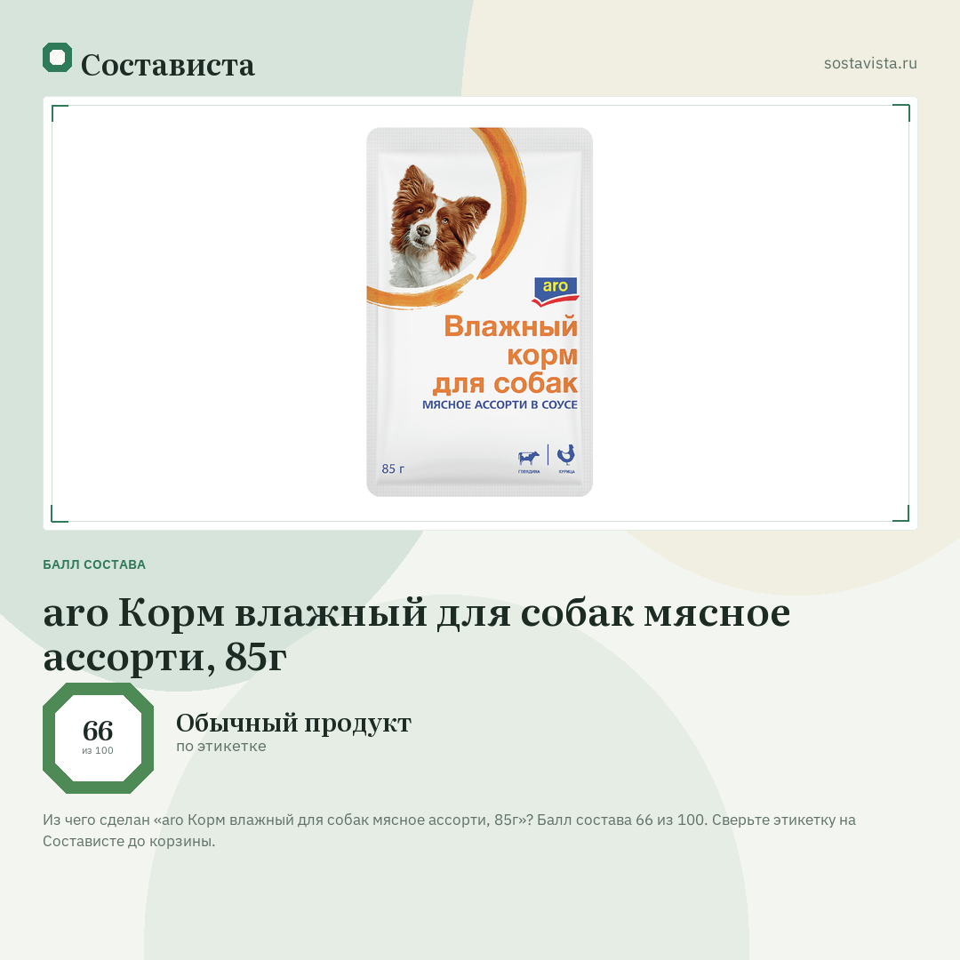 aro Корм влажный для собак мясное ассорти, 85г: балл состава 66 из 100 — Состависта