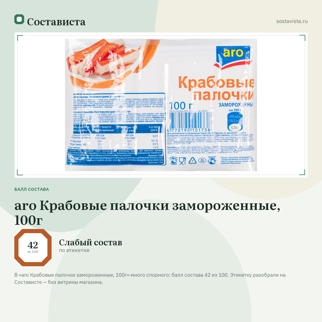 aro Крабовые палочки замороженные, 100г: балл состава 42 из 100 — Состависта