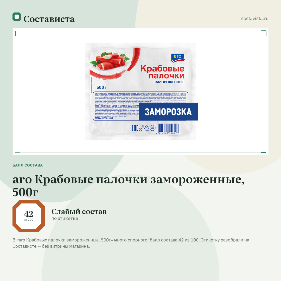 aro Крабовые палочки замороженные, 500г: балл состава 42 из 100 — Состависта