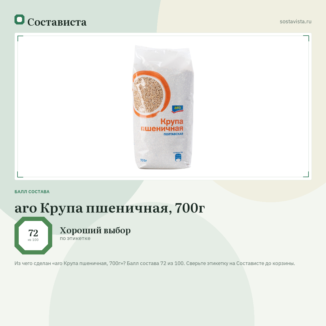 aro Крупа пшеничная, 700г: балл состава 72 из 100 — Состависта
