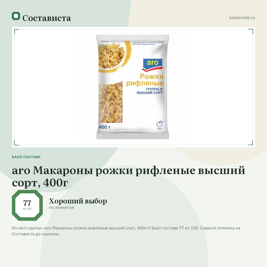 aro Макароны рожки рифленые высший сорт, 400г: балл состава 77 из 100 — Состависта