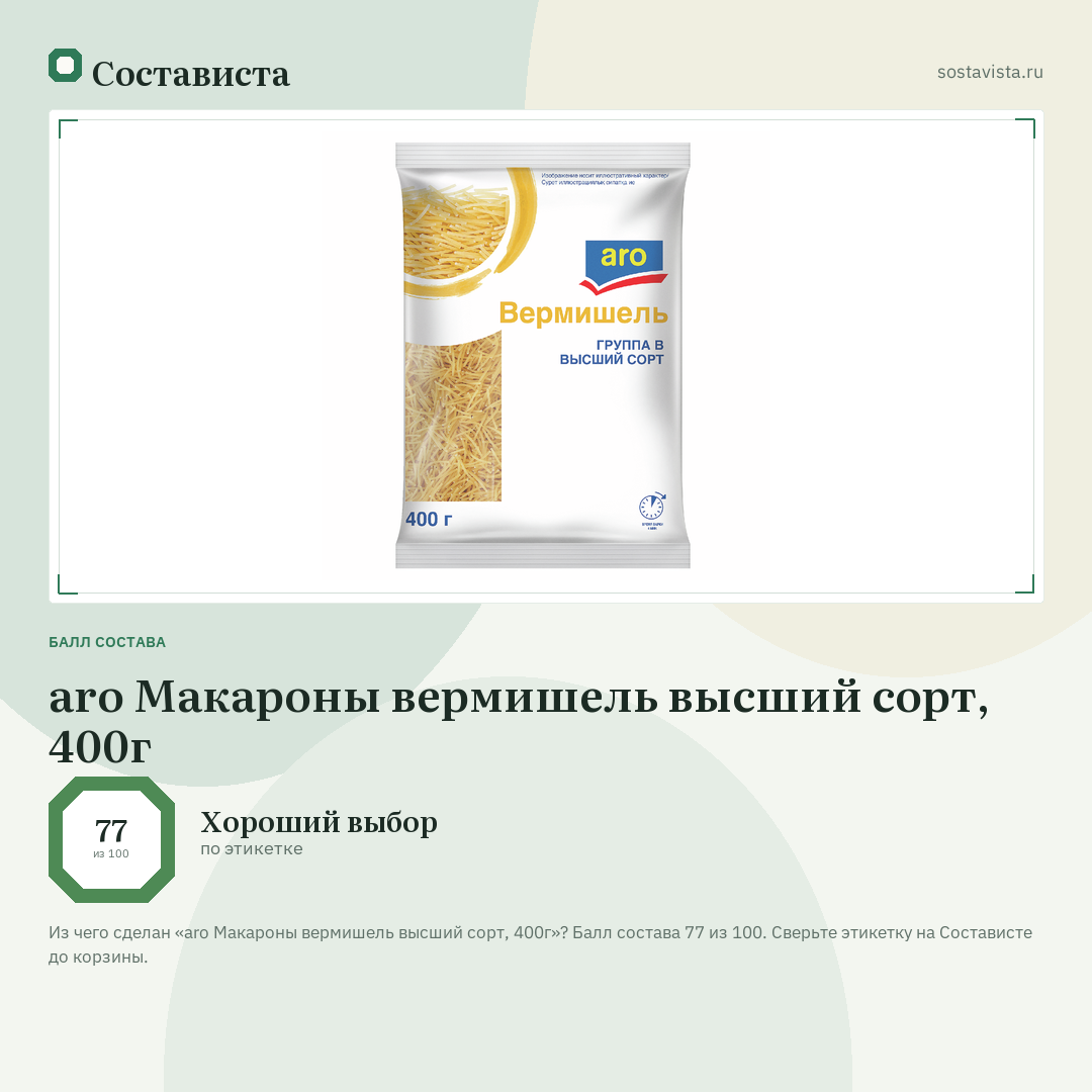 aro Макароны вермишель высший сорт, 400г: балл состава 77 из 100 — Состависта