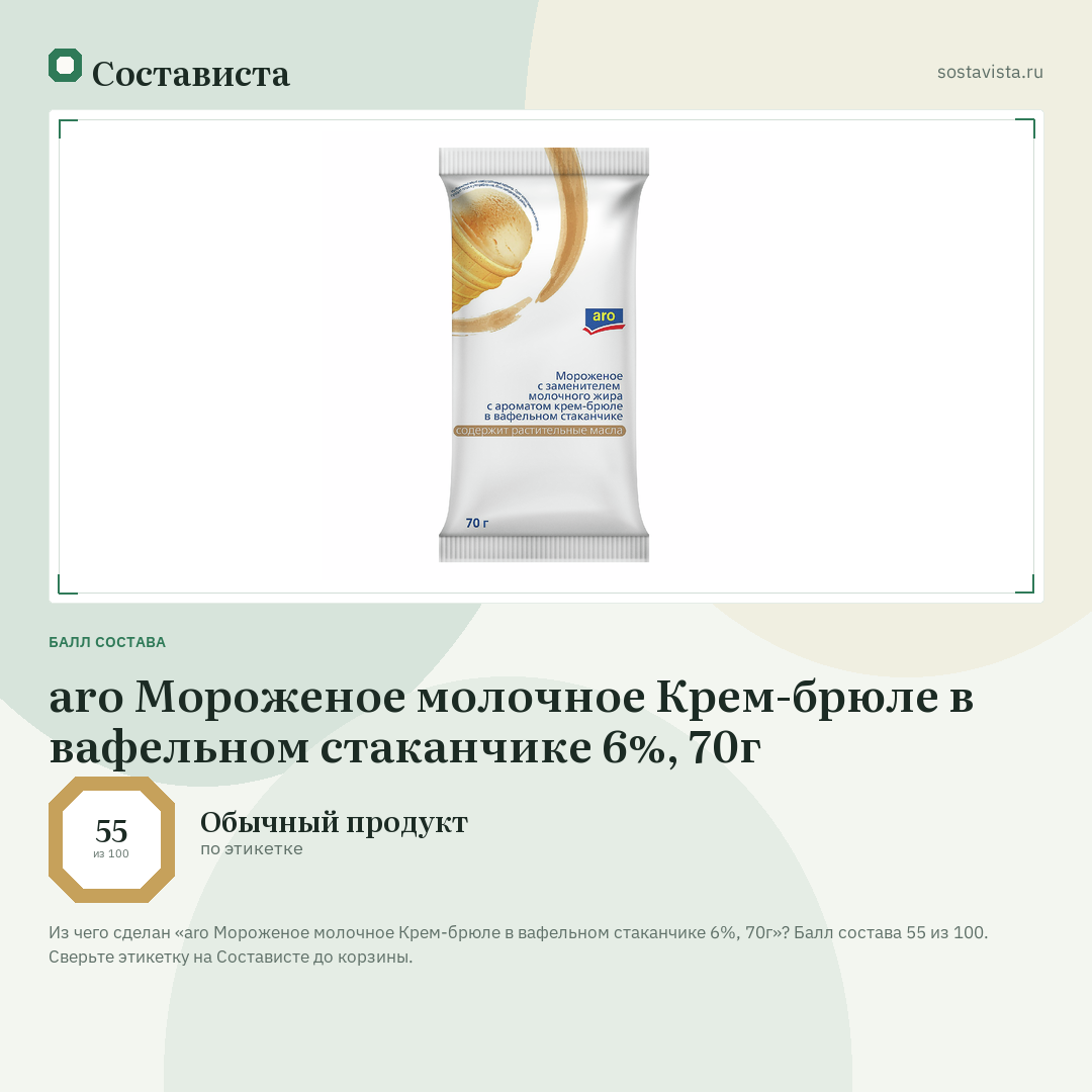 aro Мороженое молочное Крем-брюле в вафельном стаканчике 6%, 70г: балл состава 55 из 100 — Состависта