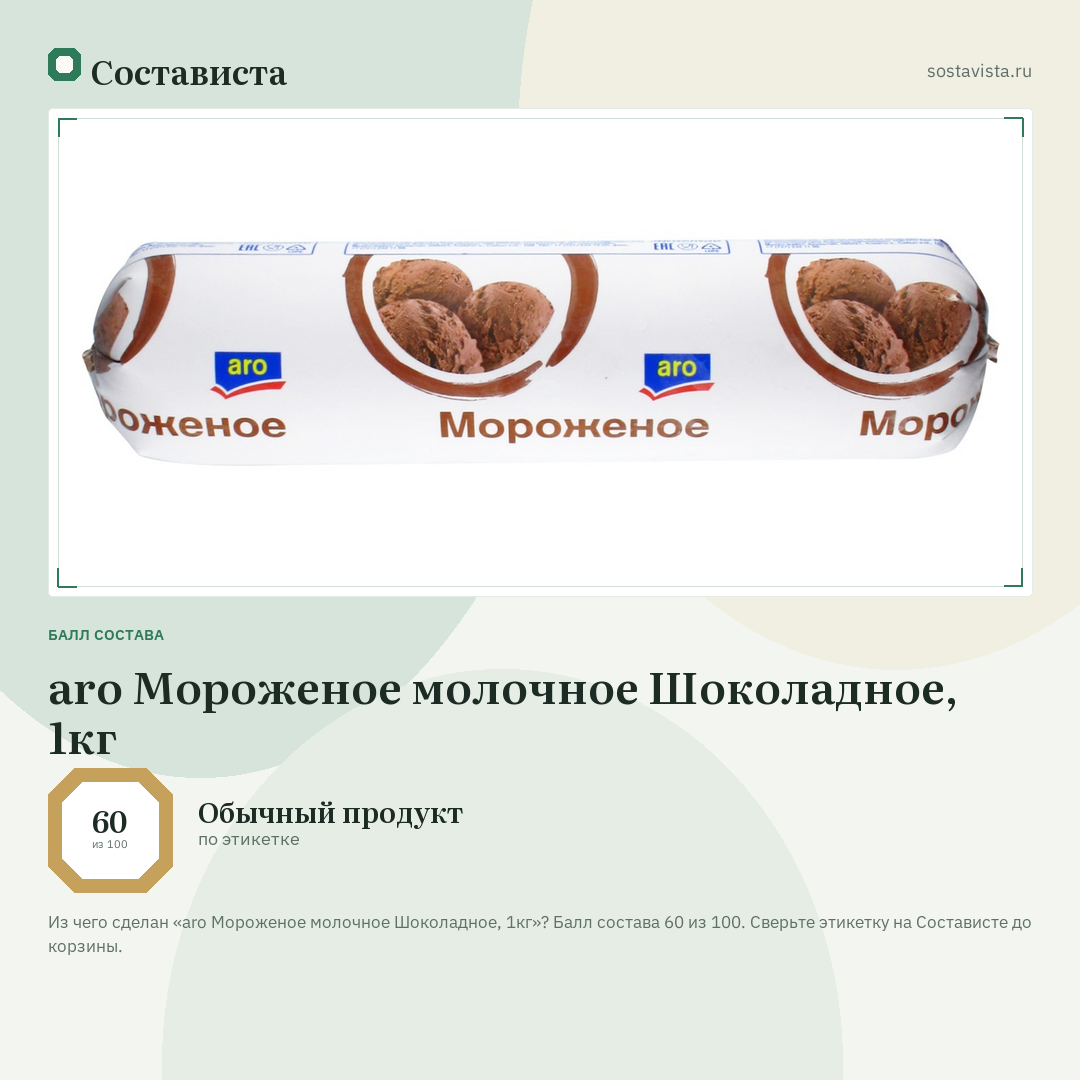 aro Мороженое молочное Шоколадное, 1кг: балл состава 60 из 100 — Состависта