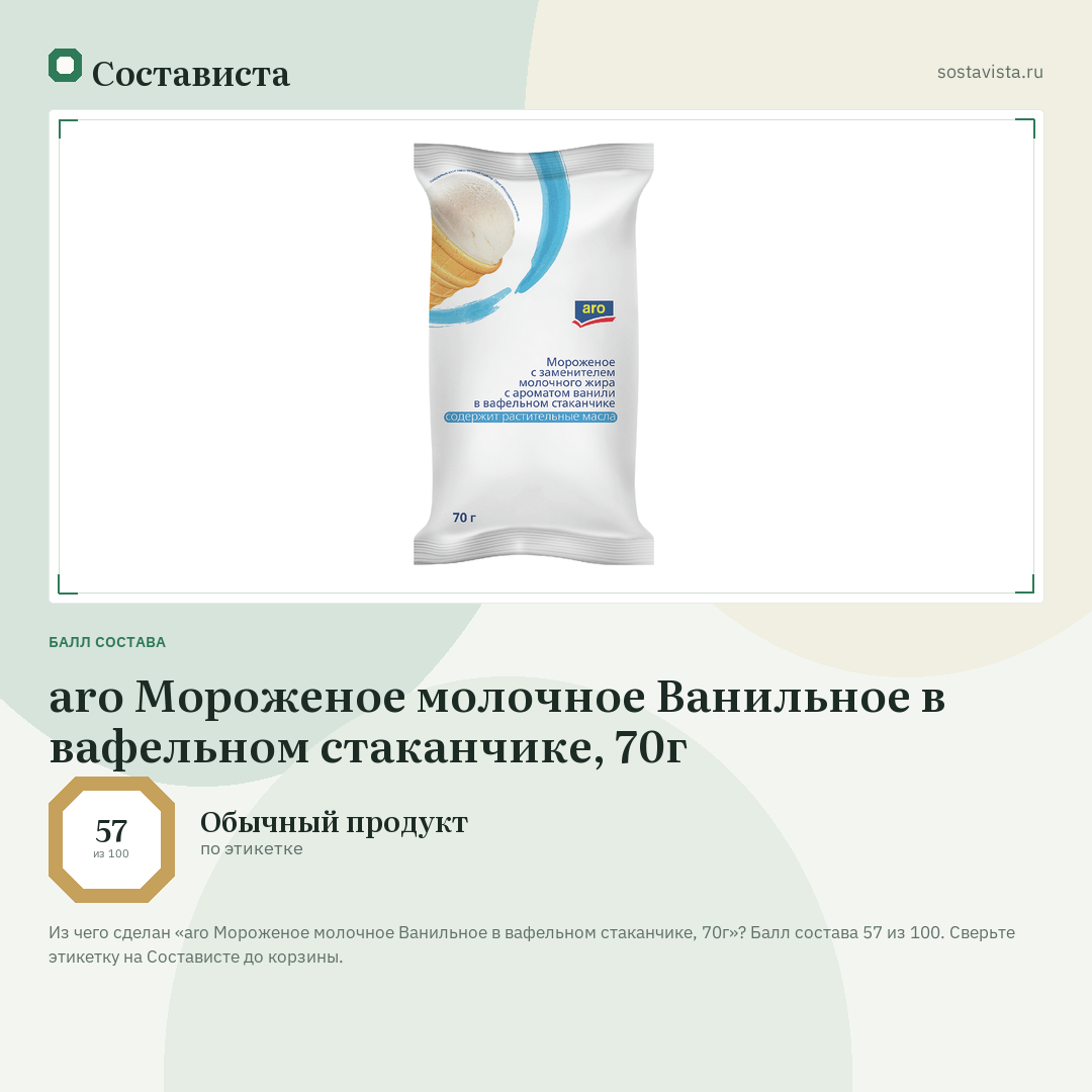 aro Мороженое молочное Ванильное в вафельном стаканчике, 70г: балл состава 57 из 100 — Состависта