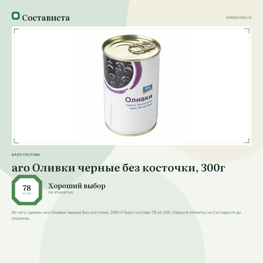 aro Оливки черные без косточки, 300г: балл состава 78 из 100 — Состависта