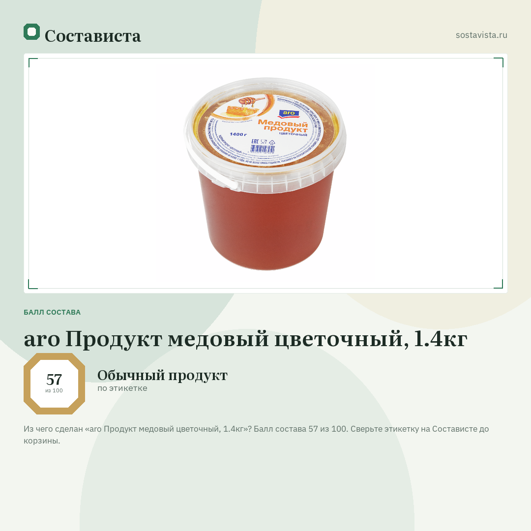 aro Продукт медовый цветочный, 1.4кг: балл состава 57 из 100 — Состависта